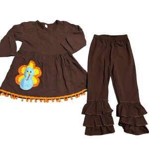 Boutique Thanksgiving tunic ruffle pants bundle with turkey appliqué size 2T